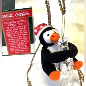 Plush Coca-Cola Penguin with Red Santa Hat • Plastic Bottle Ornament • NWT